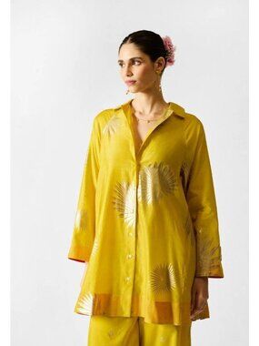 Nicobar Flare Panelled Button Up Shirt Blouse Chartreuse  Gold Silk Blend 2XL